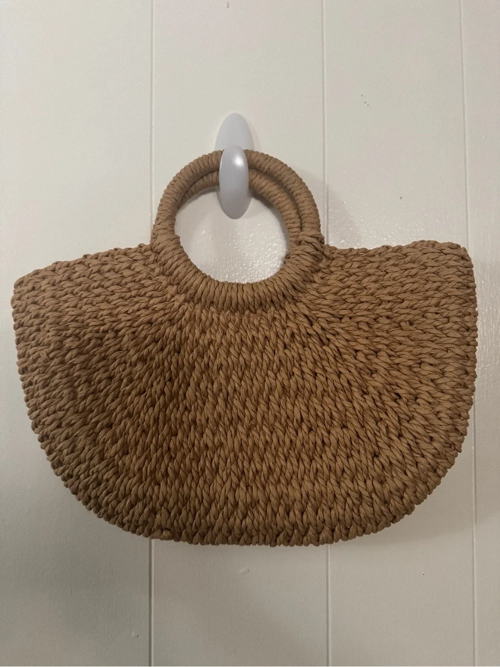 Handwoven Tan Straw Tote Bag with Round Handles